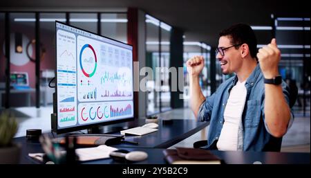 Excited Business Analyst Using Data Dashboard On Computer And Celebrating Win Stock Photo