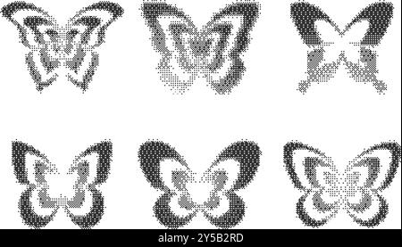 Bitmap pattern abstract butterfly shapes. Halftone gradient elements on white background. Y2k graphic abstract icons. Dither noisy grunge texture Stock Vector