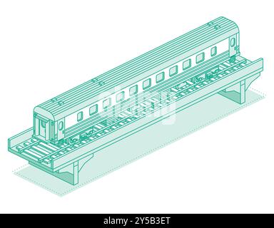 Isometric passenger railroad car on bridge. Object isolated on white background. Railway. Vector illustration. Wagon on rails. Stock Vector