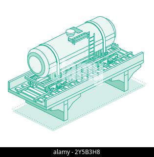 Isometric railroad tank car on bridge. Object isolated on white background. Railway. Vector illustration. Wagon on rails. Stock Vector