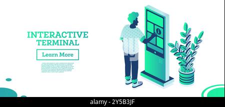 Man using self service terminal in bank. Isometric interactive kiosk. Subway or train station. Objects isolated on white background. Providing informa Stock Vector