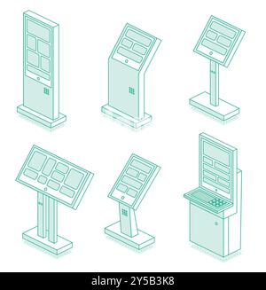 Isometric interactive kiosk set. Self service terminal in bank or on train station isolated on white background. Providing information. Vector illustr Stock Vector