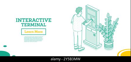 Man using self service terminal in bank. Isometric interactive kiosk. Subway or train station. Objects isolated on white background. Providing informa Stock Vector