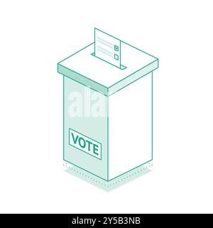 Isometric ballot box at a polling station. Outline object isolated on white background. Inserted ballot with check mark in hole. Vector illustration. Stock Vector
