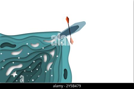 Papper cut wavy blue ocean with white stars, red paddle, and blue boat. Suitable for travel, summer, boating, nautical themes. Stock Vector