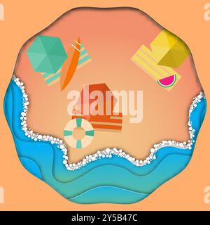 Papper cut vibrant beach scene with colorful surfboards, umbrellas, towels, life preserver, and watermelon by the waves. Ideal for summer themed desig Stock Vector