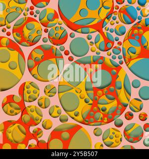Pink background with overlapping circles in red, yellow, green, and blue. Vibrant design suitable for graphic design projects, social media posts. Stock Vector