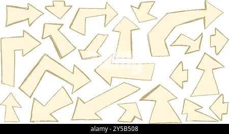 Set of crayon hand drawn arrows in different directions. Chalk, brush, marker drawing bold elements Collection doodle thick geometric shapes for Stock Vector