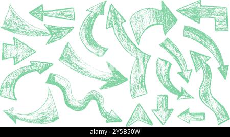 Set of crayon hand drawn arrows in different directions. Chalk, brush, marker drawing bold elements Collection doodle thick geometric shapes for Stock Vector