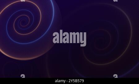 Glowing orange and blue spirals on dark purple background. Abstract high resolution full frame modern background with copy space. Stock Photo