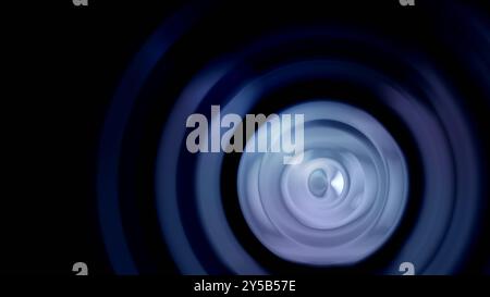Pattern of blue and light blue blurry circles with metallic look on black background. Abstract high resolution modern background with copy space. Stock Photo