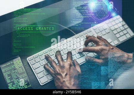 Hands, hacker and typing on computer for crime, data breach hologram or cyber attack overlay. Keyboard, closeup or person writing or coding malware Stock Photo