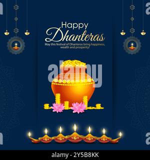 Vector illustration of Happy Dhanteras social media feed template Stock Vector