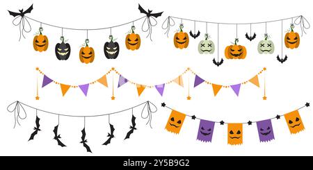 Halloween party decoration garland set with bats, pumpkins, witch hat. Cute Jack O Lantern Evil Pumpkin Garland Set for Halloween. Simple banner Stock Vector