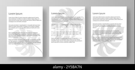 Three A4 letter mockup templates featuring lorem ipsum text and a floral watermark. The documents are displayed on a light gray background. Concept of Stock Vector