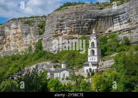 Ancient Holy Dormition cave monastery in Chufut-Kale, Crimea Stock Photo