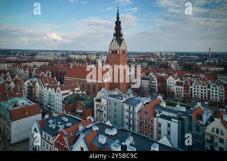 Aerial View of Elbląg Old Town with Gothic Church Tower and Historic Architecture, Poland Stock Photo