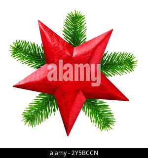 Red wooden Christmas star and fir branches isolated on white background Stock Photo