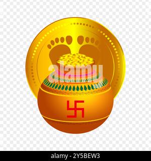 Vector illustration of pot filled with gold coins in front of Lakshmi foot print coin on transparent background Stock Vector