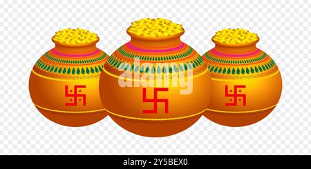 Vector illustration of pots filled with gold coins on transparent background Stock Vector