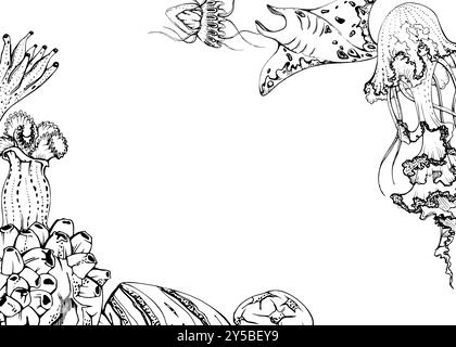 Marine life, sea ocean underwater creatures fish, shells algae seaweed, Ink and pen sketch hand drawn. Border frame illustration, stylized, isolated Stock Vector