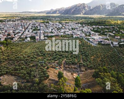 Sparta. Ruins of ancient Sparta and mountains and modern city in the background. Peloponnese, Laconia, Greece Stock Photo