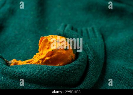 Orange pumpkin near a stack of knitted sweaters on a knitted blanket. Stock Photo