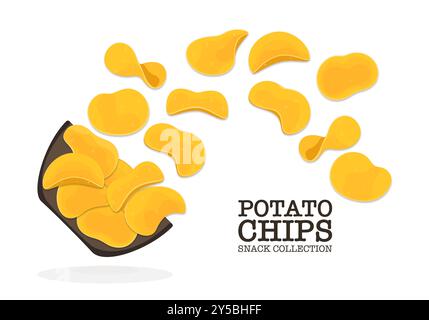 Vector illustration of flat, crispy, wavy pieces of potato chips bouncing off a wooden bowl. Vector crispy vegetable snacks or junk food Salty potato Stock Vector