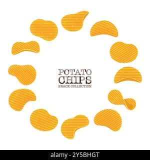 Set of vector illustrations of flat crispy potato chips. arranged in a circle Separate snacks Junk food or quick party snacks isolated on a white cart Stock Vector