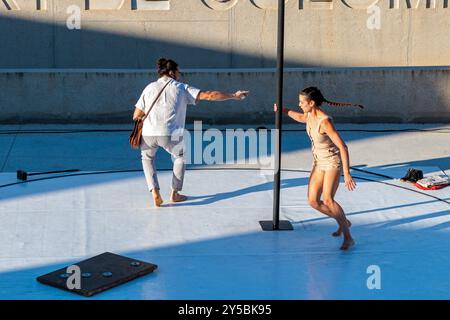 Circus show 'Ven' by the 'Si Seul company'. Amphitheater of the port of Colombiers. Show hosted as part of the stage in Herault. Occitanie, France Stock Photo