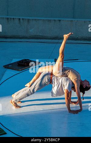 Circus show 'Ven' by the 'Si Seul company'. Amphitheater of the port of Colombiers. Show hosted as part of the stage in Herault. Occitanie, France Stock Photo