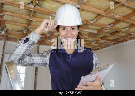young woman builder stands on a stepladder Stock Photo