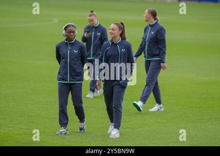 Crawley, UK. 21st Sep, 2024. Crawley, England, September 21st 2024: Everton players inspect the pitch ahead of the Barclays FA Womens Super League game between Brighton and Hove Albion and Everton at Broadfield Stadium, Crawley. (Tom Phillips/SPP) Credit: SPP Sport Press Photo. /Alamy Live News Stock Photo