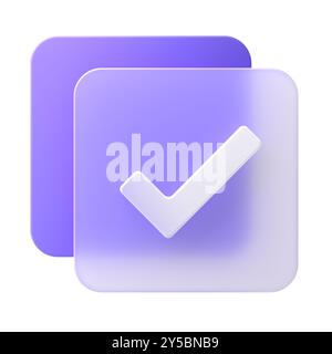 Cartoon Icon Mockup.3D checkbox. Check mark. 3D illustration.Tick Mark Rounded Corner 3D Purple Web Icon Button.3D rendering on white background. Stock Photo