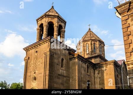 domes of Surb Nshan church, oldest church in Gyumri city, Armenia in summer sunset Stock Photo