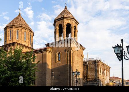 edifice of Surb Nshan church, oldest church in Gyumri city, Armenia in summer sunset Stock Photo