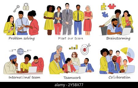 Set of Business scene vector outline illustrations Stock Vector