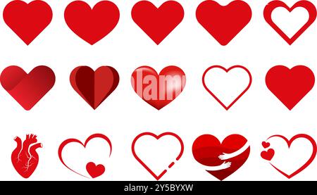 set red shape heart icon, collection of outline, paper, gradient, hand care, and human heart shape, Love symbols, heart shape collection. Stock Vector