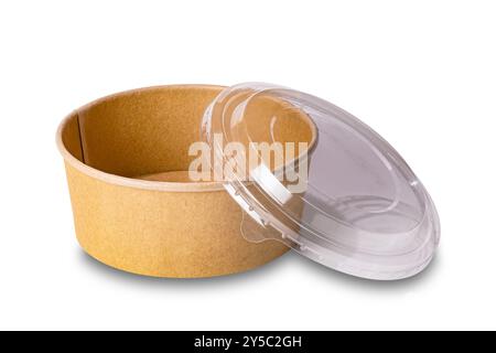 Empty single brown paper bowl with transparent plastic lid isolated on white background with clipping path. Stock Photo