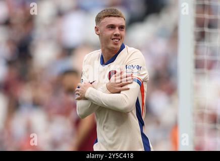 London, UK. 21st Sep, 2024. Chelsea's Cole Palmer celebrates after scoring to make it 3-0 during the Premier League match at the London Stadium, London. Picture credit should read: Paul Terry/Sportimage Credit: Sportimage Ltd/Alamy Live News Stock Photo