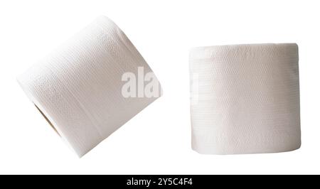 Side view set of white tissue paper rolls is isolated on white background with clipping path. Stock Photo