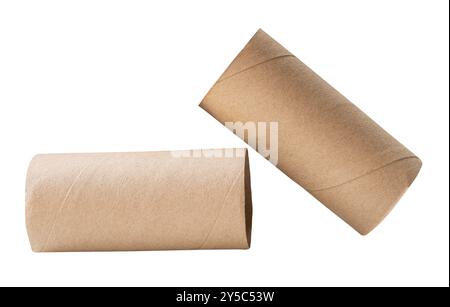 Top view set of tissue paper cores or napkin in strange shape after use in toilet or restroom is isolated on white background with clipping path. Stock Photo