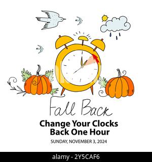 Fall Back or Daylight Saving Time Ends poster. Schedule with Alarm Clock turning back on hour and reminder text with date November 3. DST information Stock Vector