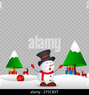 Vector illustration of snowman with gifts and Christmas tree on transparent background Stock Vector