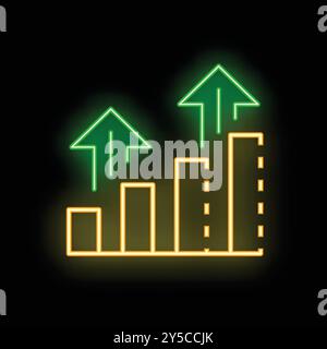 Neon bars chart growing up with green up arrows on black background, concept of success, growth, evolution Stock Vector