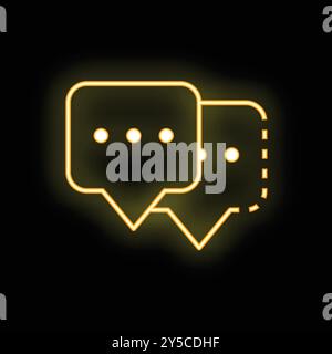 Two bright neon yellow speech bubbles are glowing on a black background, representing communication on social media Stock Vector