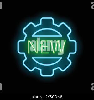 Blue neon sign in the shape of a cogwheel with the word new glowing green in the center on a black background Stock Vector