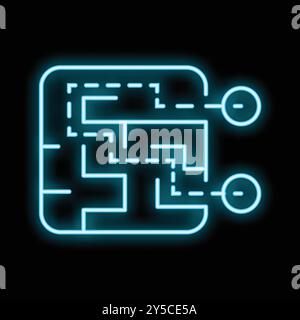 Vibrant neon blue labyrinth puzzle is glowing, representing the concept of problem solving and finding solutions Stock Vector