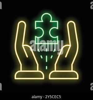 Neon icon of two hands holding a bright green puzzle piece, representing problem solving Stock Vector