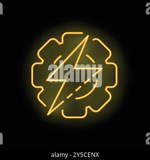 Glowing neon yellow icon of a gear with a lightning bolt, symbolizing energy and power on a black background Stock Vector